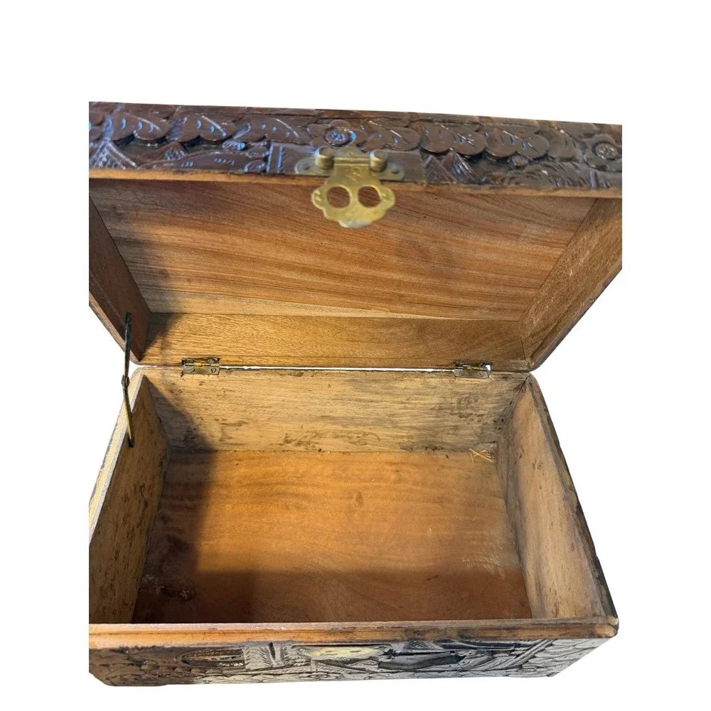 Vintage Hand Carved Camphor Wood Jewelry Box Asian Village Scene Brass Latch 12